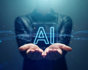 Empowering innovation with AI technology, a futuristic vision of artificial intelligence held in open hands, showcasing digital transformation and the evolution of modern tech solutions