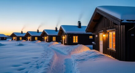 Cozy winter evening scene with snow-covered wooden cabins and warm glowing windows for holiday and seasonal designs