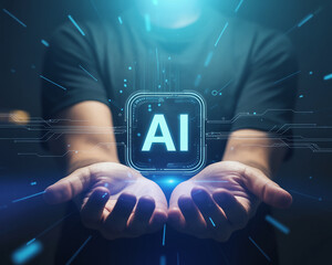 Harness the power of AI with this stunning graphic showcasing hands presenting advanced artificial intelligence, perfect for illustrating cutting edge technology and futuristic innovation concepts