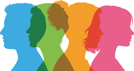 Diverse Silhouettes of People of Different Colors in Profile | Group of colorful human heads for social inclusion, diversity and teamwork concepts
