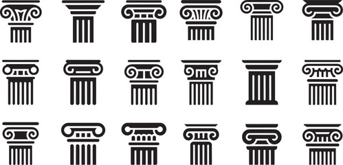 Classic Architectural Column Icon Set | Black and White Pillar Graphics for Design Elements, Historical and Educational Resources