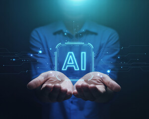 Empowering innovation with AI technology, hands presenting futuristic glowing artificial intelligence interface representing the future of technology, development, and intelligent solutions