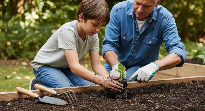 Family gardening activity with young boy and grandfather planting seedlings in vegetable garden - Powered by Adobe