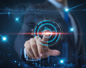 Cutting-edge technology meets business, futuristic HUD interface controlled by a professional, modern cityscape and world map evoke global connectivity, the future of data, a world of opportunity