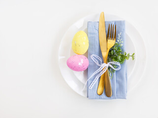 Easter celebration concept. Top view vertical white yellow plate eggs, isolated background, banner