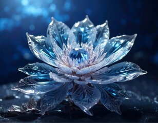 A detailed digital illustration showcases a luminescent, crystalline flower with transparent petals, centered by a gem, set against a blurred background