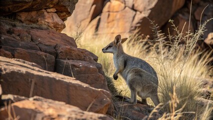 Nabarlek (Petrogale concinna) in rocky sandstone habitat, small rock-wallaby in northern Australia, wildlife scene with dry grass and cliffs