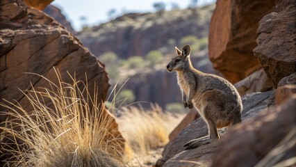 Nabarlek (Petrogale concinna) in rocky sandstone habitat, small rock-wallaby in northern Australia, wildlife scene with dry grass and cliffs