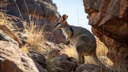 Nabarlek (Petrogale concinna) in rocky sandstone habitat, small rock-wallaby in northern Australia, wildlife scene with dry grass and cliffs