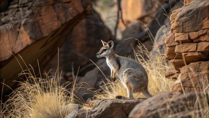 Nabarlek (Petrogale concinna) in rocky sandstone habitat, small rock-wallaby in northern Australia, wildlife scene with dry grass and cliffs