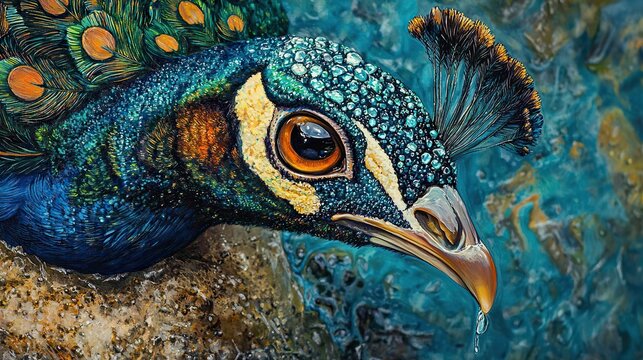 A tight macro shot of a peacock sipping morning dew from a smooth rock,  - Powered by Adobe