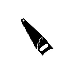 A black silhouette icon of a handsaw, a manual cutting tool for carpentry, isolated on a white background.