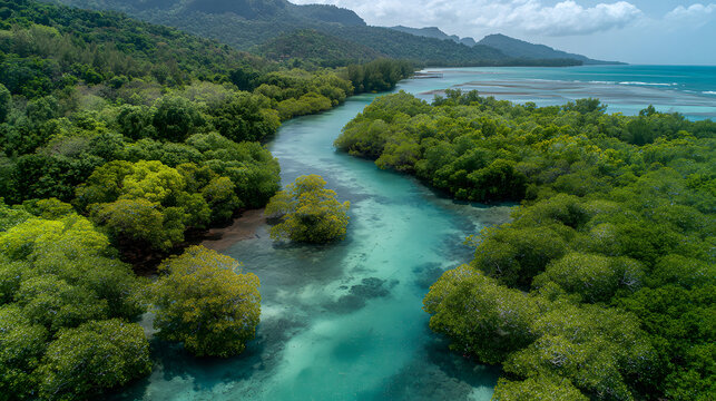 Aerial View of Tranquil Mangroves: Exploring Coastal Ecosystems and Lush Tropical Vegetation at Riverbend
