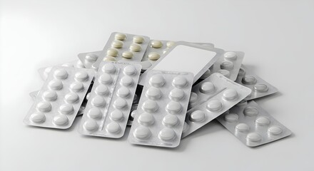 Medication blister pack arrangement with clear copy space and blank label panels neutral unbranded healthcare packaging