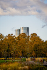 Obraz premium Urban Riga skyline with reflective high-rise towers viewed over colorful autumn foliage and landscaped public park representing integration of architecture and green space