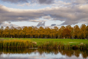 Golden autumn trees along riverbank in Uzvaras Parks Riga reflecting in calm water with dramatic layered clouds and green grass landscape in peaceful city park scenery