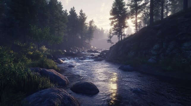 A wide-angle view of a canyon river roaring between dark forested cliffs