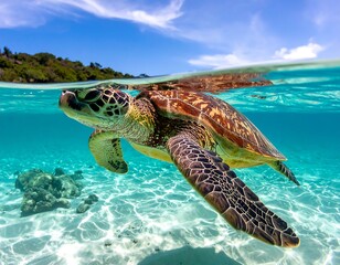 Turtle swims in clear, turquoise water under a vibrant blue sky