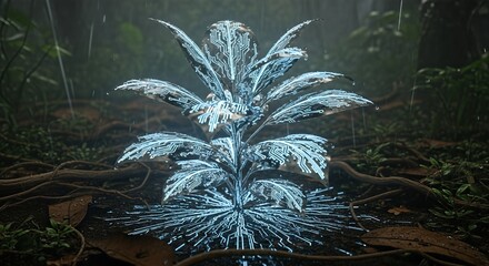 Naklejka premium A luminous, otherworldly plant glowing with blue light in a dark, rainy forest, its roots illuminated on the wet ground.