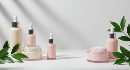 Elegant skincare product presentation with natural leaves and shadow overlay