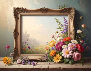 A detailed frame with floral arrangements, showcasing a landscape painting. The scene features various colorful wildflowers