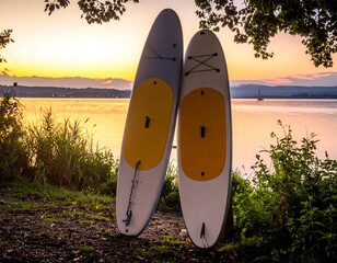 Two stand-up paddleboards leaned against each other at sunset by a lake