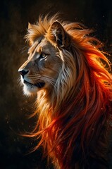 Majestic lion with a flowing mane in warm hues against a dramatic dark background