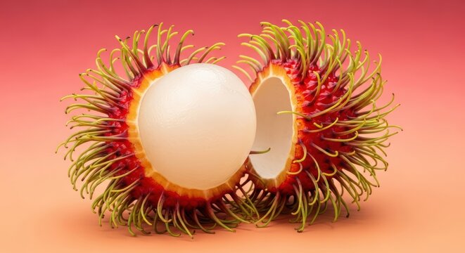 Exotic rambutan fruit opened showing the white translucent flesh vividly