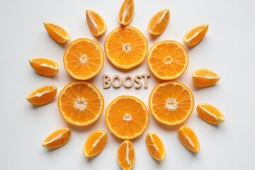 Fototapeta premium Fresh Orange Slices Arranged with Boost Text on White Background