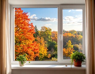View of vibrant autumn trees from a bright window
