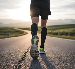 closeup of backview of a jogger on an empty road , focus on the shoes, outdoorsports  fitness exercise healthy wellness concept