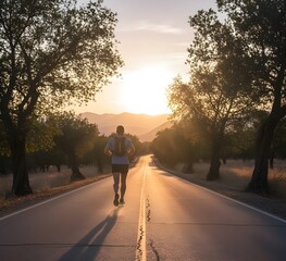 closeup of backview of a jogger on an empty road , focus on the shoes, outdoorsports  fitness exercise healthy wellness concept
