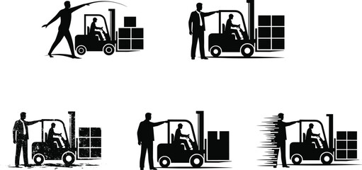 Businessman with forklift, warehouse humor, logistics, parody, workplace, interaction, safety, management, supervision, vector illustration