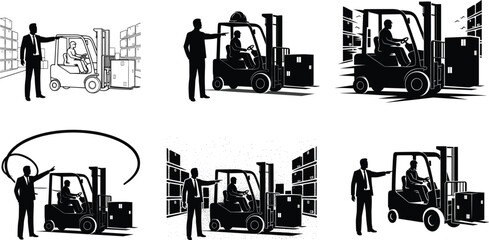 Businessman with forklift, warehouse, logistics, teamwork, instruction, safety, management, strategy, supervision, vector illustration