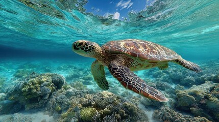 Obraz premium A turtle swimming in the ocean. The water is blue and the turtle is surrounded by coral. The scene is peaceful and serene