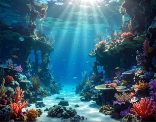 Underwater scene with coral reefs, sunlight piercing through, and marine life