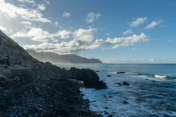 Beautiful west Oahu vista along the Kaena Point trail with mist crawling up the shore, Hawaii