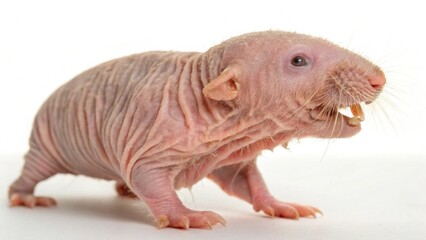 Naked mole rat isolated on white studio background, detailed realistic wildlife photo showing wrinkled pink skin, large teeth, and hairless body