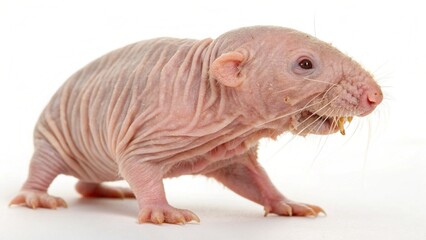 Naked mole rat isolated on white studio background, detailed realistic wildlife photo showing wrinkled pink skin, large teeth, and hairless body