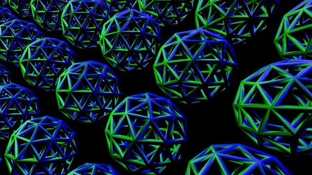 3d animation of wiremesh green and blue sphere metal.Captivating green patterns emerge as dynamic light transforms the visual space in an intricate digital display