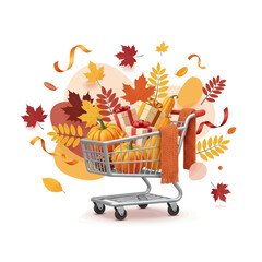 A shopping cart filled with pumpkins, gifts, and a scarf, surrounded by colorful autumn leaves. © hellodedigalih
