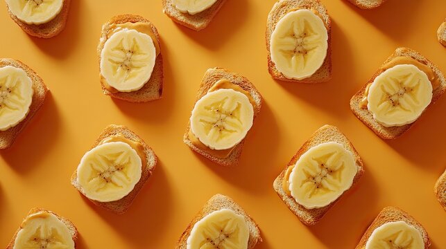 Flat lay of banana slices and peanut butter on toast, placed on a soft orange background, - Powered by Adobe