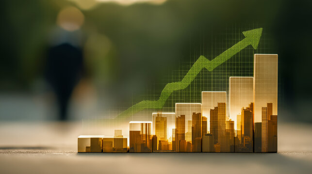 金塊の階段と上向き矢印｜成果へ進む投資家の背中