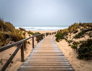 Fototapeta premium Wooden pathway leads to a cloudy ocean beach landscape