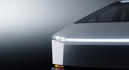 Futuristic vehicle close-up featuring geometric design and sleek lighting