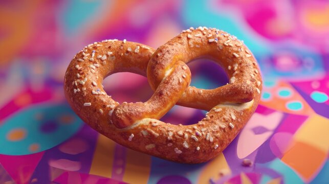 A pretzel is sitting on a colorful background. The pretzel is brown and has a heart shape