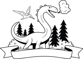 Cute black and white dinosaur line art illustration with forest trees and pterodactyl, cartoon prehistoric design for coloring book © Md Nayim islam