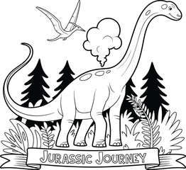 Cute black and white dinosaur line art illustration with forest trees and pterodactyl, cartoon prehistoric design for coloring book © Md Nayim islam