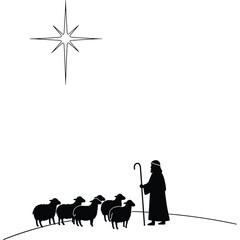 Shepherd with Sheep and Star Silhouette religious biblical nativity christmas scene flock pastor animal