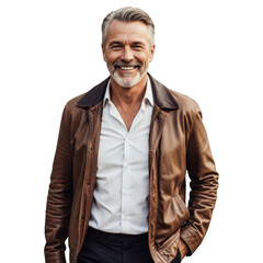 Fototapeta premium Smiling man in leather jacket isolated on transparent background